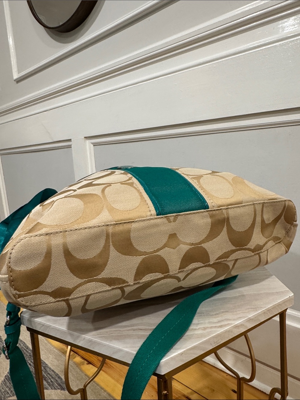 Coach Bag Oversized Signature Green Tan Stripe Foldover Tote EUC RARE - Picture 8 of 17